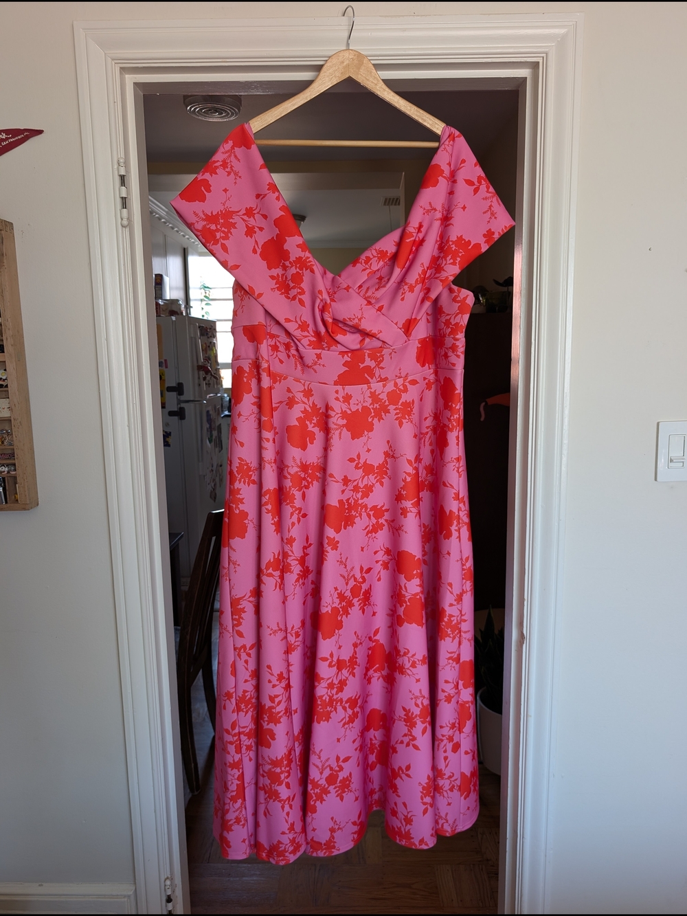 Pink & Red Floral Off-Shoulder Prom or Wedding Guest Dress